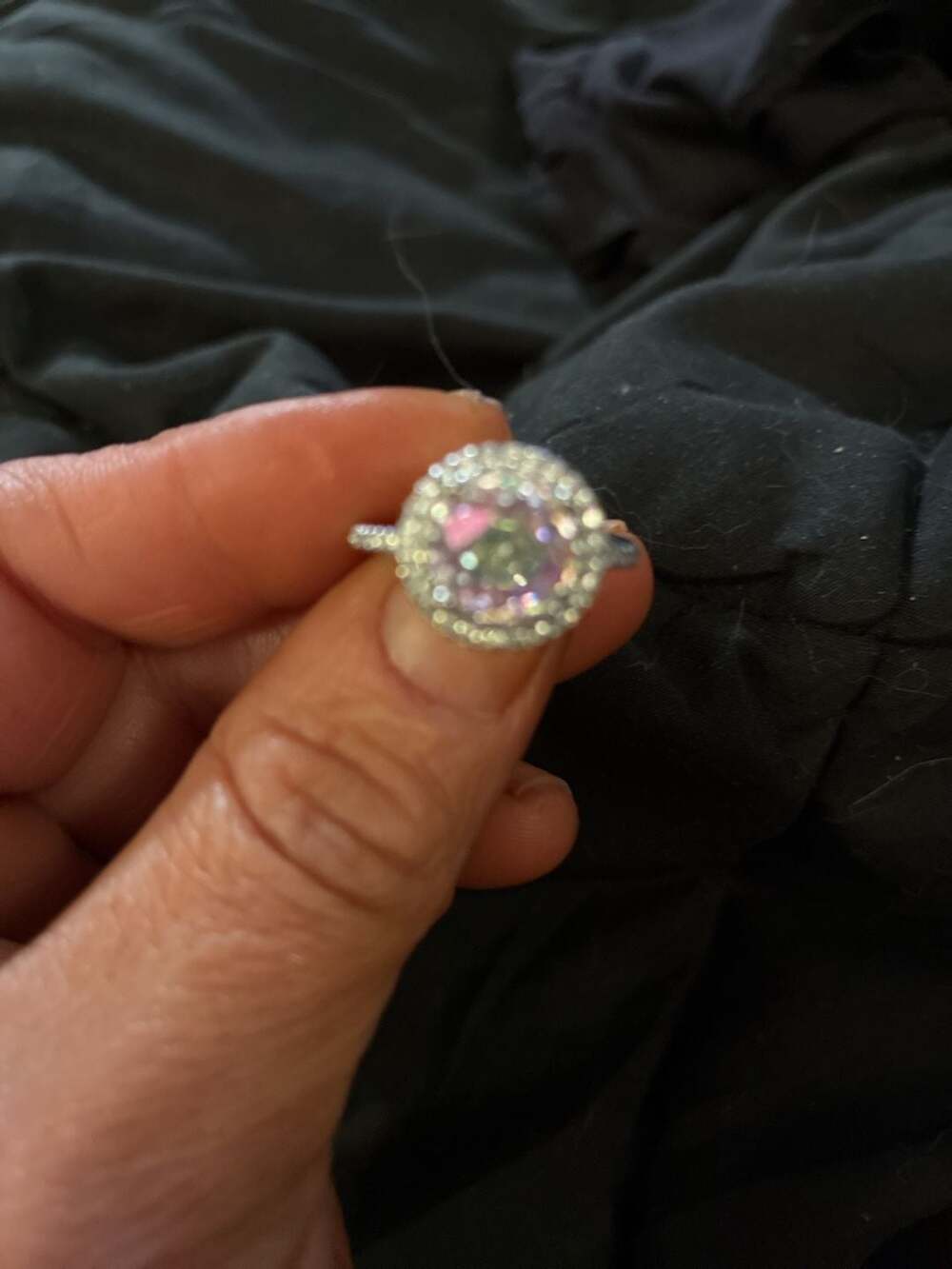 Pink and White Cubic Zirconia Halo Engagement Ring in Sterling Silver
